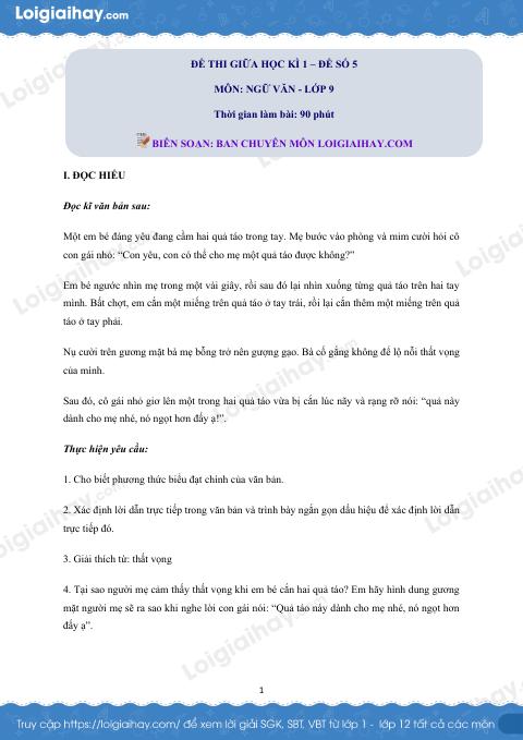 Đề kiểm tra giữa kì 1 Văn 9 - Đề số 5 có lời giải chi tiết